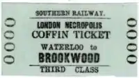 Railway ticket labelled "Southern Railways London Necropolis Coffin Ticket, Waterloo to Brookwood, Third Class