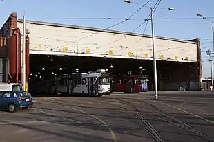 A photo of Brunswick tram depot shed, with a handful of Z class trams inside