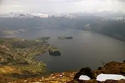 The village of Bruvik, with Vaksdal in the back left of the picture