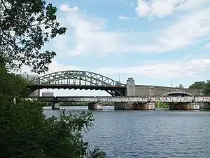 The Boston University bridge and Grand Junction Railroad bridge, seen from the Boston side looking upstream.