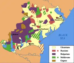 Ethnic division of Budjak (Ukraine) with self-declared Moldovans in green (1989)