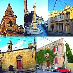 Clockwise from top left:Tower of the Parish Church of St Andrew, Dejma Cross, Neo-Baroque building, Tal-Ftajjar Chapel, and former British military building