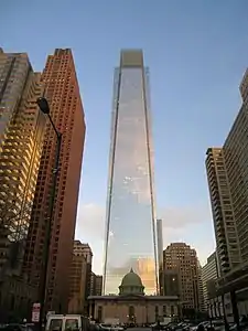 Looking east from 19th Street, with the Comcast Center towering over the church.