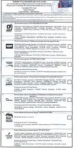 Russian ballot to the 2011 State Duma elections with list of political parties