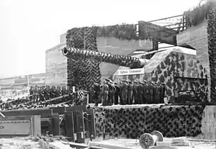 Soldiers standing in front of a gun housed in a casemate