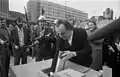 Kurt Masur lays the foundation stone of the current Gewandhaus, 8 November 1977. Behind him is East German Minister for Culture Hans-Joachim Hoffmann.