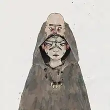 A drawing of a robed person with another human head biting on the top on their head.