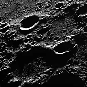 Oblique view of Burke crater (upper left) and Gordimer crater (lower left)