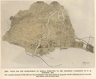 The 1905 Burnham Plan of Manila recommended improving the city's transit systems by creating diagonal arteries radiating from the new central civic district into areas at the outskirts of the city.