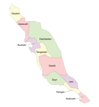 Location of Asaluyeh County in Bushehr province (bottom, pink)