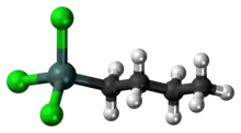 Ball-and-stick model of the butyltin trichloride molecule