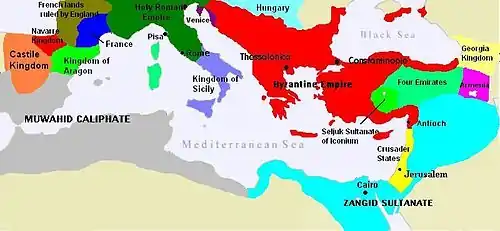 Byzantine territory in red, and the Sultanate of Iconium and Four Emirates in 1180 A.D.