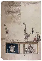 Folio of a handwritten codex. The upper page has manuscript text, the lower a drawing of a man brandishing a club walking towards a seated woman in front of a stylized mountain with a bird on top. Below are two glyphic signs.