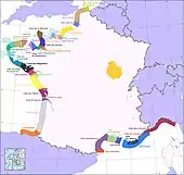 Map of the "Côtes" (coastal names) of France.