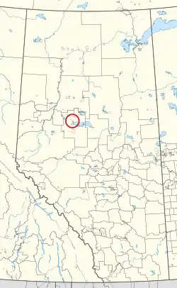 A map of the province of Alberta showing 80 counties and 145 small Indian reserves. One is highlighted with a red circle.