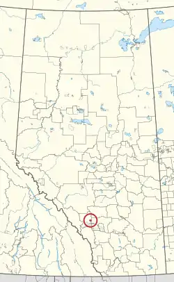 A map of the province of Alberta showing 80 counties and 145 small Indian reserves. One is highlighted with a red circle.