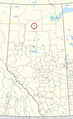 A map of the province of Alberta showing 80 counties and 145 small Indian reserves. One is highlighted with a red circle.