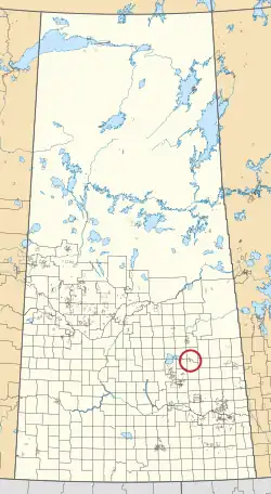 A map of the province of Saskatchewan showing 297 rural municipalities and hundreds of small Indian reserves. One is highlighted with a red circle.