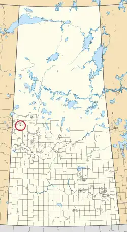 A map of the province of Saskatchewan showing 297 rural municipalities and hundreds of small Indian reserves. One is highlighted with a red circle.