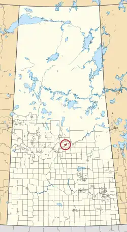 A map of the province of Saskatchewan showing 297 rural municipalities and hundreds of small Indian reserves. One is highlighted with a red circle.