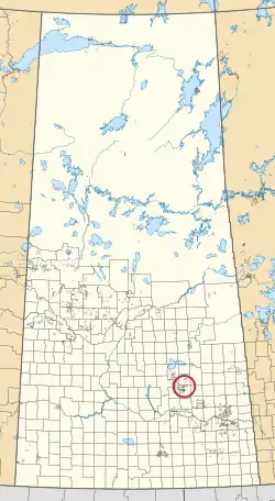 A map of the province of Saskatchewan showing 297 rural municipalities and hundreds of small Indian reserves. One is highlighted with a red circle.