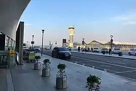 The closed Terminal 1 and the old air traffic control tower seen from Terminal 2