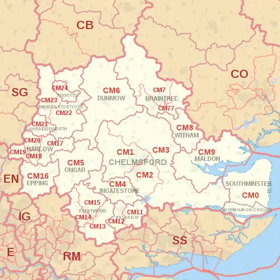 CM postcode area map, showing postcode districts, post towns and neighbouring postcode areas.