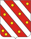 A red shield bearing 3 white diagonal stripes between which are arranged 9 yellow, 6-pointed stars