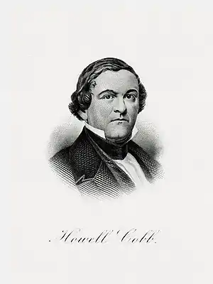 Image 14Howell CobbEngraving credit: Bureau of Engraving and Printing; restored by Andrew ShivaHowell Cobb (September 7, 1815 – October 9, 1868) was an American politician and five-term member of the United States House of Representatives who served as Speaker of the House from 1849 to 1851. He also served as the 40th governor of Georgia from 1851 to 1853, and as Secretary of the Treasury under President James Buchanan from 1857 to 1860. Cobb is probably best known as one of the founders of the Confederacy, having served as president of the Provisional Congress of the Confederate States. This line engraving of Cobb was produced around 1902 by the Department of the Treasury's Bureau of Engraving and Printing (BEP) as part of a BEP presentation album of the first 42 secretaries of the treasury.More selected pictures