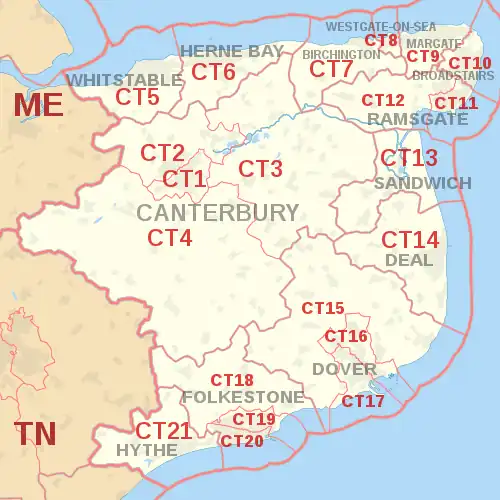 CT postcode area map, showing postcode districts, post towns and neighbouring postcode areas.