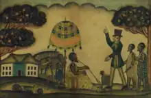 Drawing of a village with three fruit trees and a large house. A white slave trader, accompanied by two black slaves, raises an accusing finger at a caboceer smoking a long pipe under a parasol. The parasol is held by a slave. Underneath lies a decapitated slave.