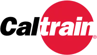 Cal in black letters, with train inscribed within a red circle, all letters italicized