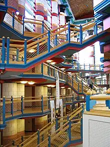 Multicolour interior of the Cambridge Judge Business School, Cambridge, UK, by John Outram, 1995