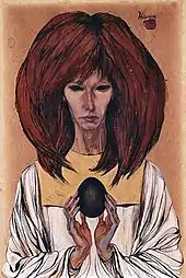 A painting of a slim white woman with large red hair. The two eyes are blackened. She is wearing a white outfit and in her hands holds a black egg.