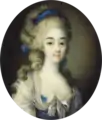 A portrait miniature of the Countess of Artois clad in a white dress with a blue bodice and a white bow (by Ignace Jean Victor Campana).