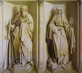 Saint James and Saint Clare (1427), Robert Campin, Prado. Reverse of Marriage