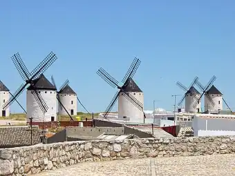 View of a group of windmills at Campo de Criptana in La Mancha