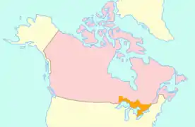 Map of Upper Canada (orange) within British North America (pink)