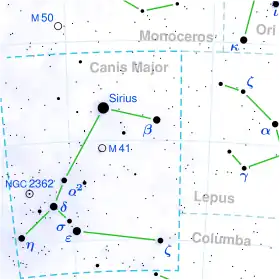 Diagram showing star positions and boundaries of the Canis Major constellation and its surroundings