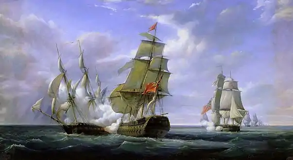 In the foreground, HMS Tremendous aborts her attempt at raking Cannonière under the threat of being outmanoeuvred and raked herself by her more agile opponent. In the background, the Indiaman Charlton fires her parting broadside at Cannonière.