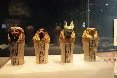 Ancient Egyptian canopic jars, 744-656 BC, painted sycomore fig wood, British Museum