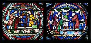 Round sections of two stained-glass windows both show a scene of a person kneeling at an altar while onlookers talk. The number of onlookers, small details and colour schemes are different.