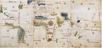 Map showing the line of the Treaty of Tordesillas. 1502. Alberto Cantino.