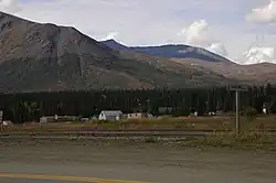 Town of Cantwell, Alaska. Tracks for the Alaska Railroad run through the foreground.