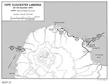 Black and white map with military symbols depicting a military operation to land forces on two sides of a peninsula and then advance along the eastern coast