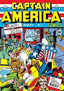 The front page of the first Captain America comic depicts Captain America punching Adolf Hitler in the jaw. A Nazi soldier's bullet deflects from Captain America's shield, while Adolf Hitler falls onto a map of the United States of America and a document reading 'Sabotage plans for U.S.A.'