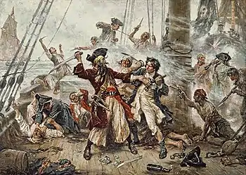 Image 79Capture of the Pirate Blackbeard, 1718 depicting the battle between Blackbeard and Robert Maynard in Ocracoke Bay; romanticized depiction by Jean Leon Gerome Ferris from 1920 (from Piracy)