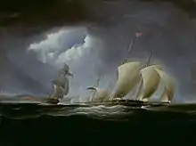 The Tripolitan polacca Tripoli attempts to flee the pursuing American schooner USS Enterprise with a beam of light striking down upon the two vessels in an otherwise dark and stormy sea.