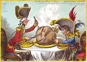 Image 16James Gillray's The Plumb-pudding in Danger (1805). The world being carved up into spheres of influence between Pitt and Napoleon. According to Martin Rowson, it is "probably the most famous political cartoon of all time—it has been stolen over and over and over again by cartoonists ever since." (from Political cartoon)