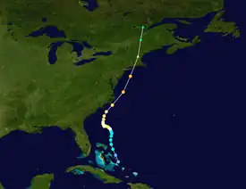 Track of Hurricane Carol, beginning near the Bahamas and ending over Canada